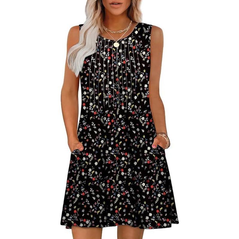 Dámské strečové bezrukávové šaty s potiskem a kapsou s kulatým výstřihem