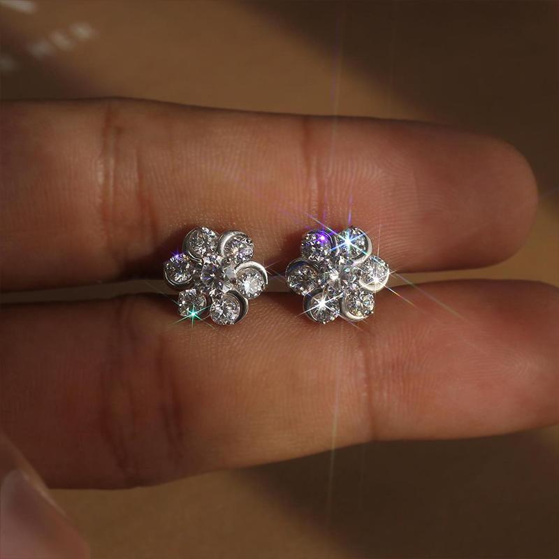Huitan Dazzling Cubic Zirconia Stud Earrings Women Crystal Flower Ear Piercing Accessories Daily Wear Fashion Versatile Jewelry