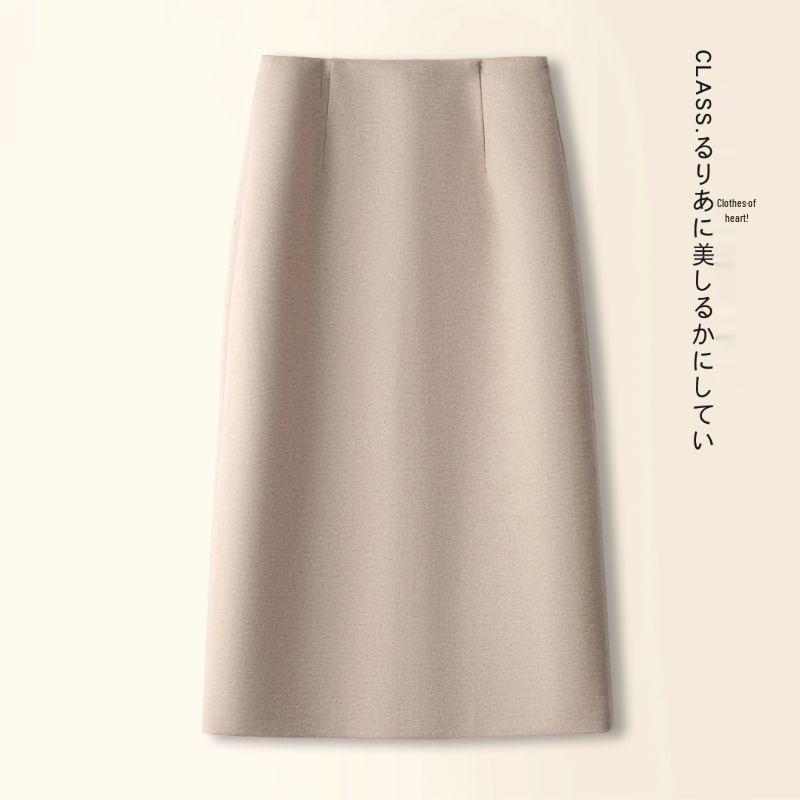 2025 Wool High-Waisted Black Slit Mid-Length Skirt - Autumn/Winter Slimming Style