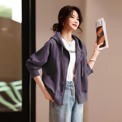 Modischer Freizeit-Kapuzenpullover Damen Frühling und Herbst Neue Sportbekleidung Locker und dünn Reißverschlussjacke Einfarbiges Oberteil