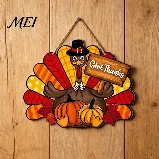 Weather-resistant Thanksgiving Sign Wooden Sign, Turkey and Pumpkin Welcome Wall Hanging Decor with "Give Thanks" Waterproof Holiday , Rustic