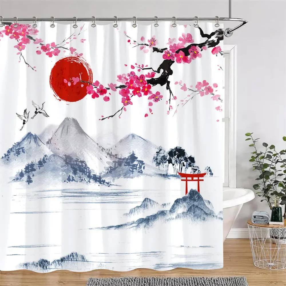 Chinese Japanese Cherry Blossom Ink Painting Shower Curtain Landscape Waves Art Creative Polyester Bath Curtains Bathroom Decor