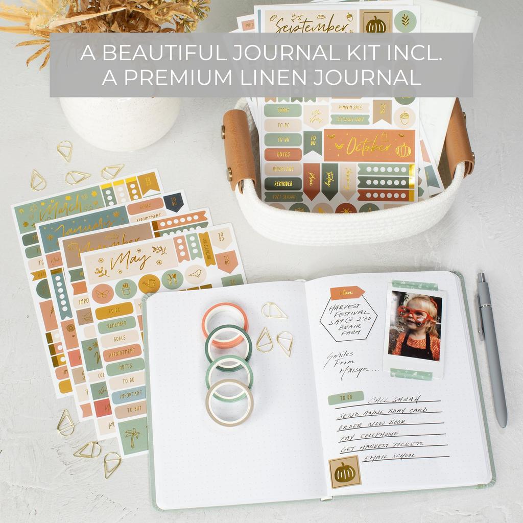 ZICOTO Ultimatives Journaling-Kit Journal-Notizbuch mit Leinen-Hardcover und gepunkteten Bullet-Checklisten-Zubehör wie Washi-Papier und -Seiten, Schablonen,