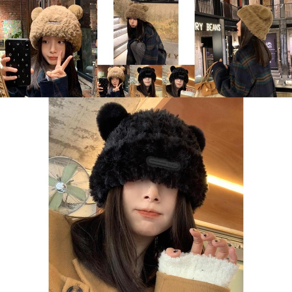 Sweet Cute Bear Plush Knit Hat For Women Autumn Winter Thick Warm Fur Beanie