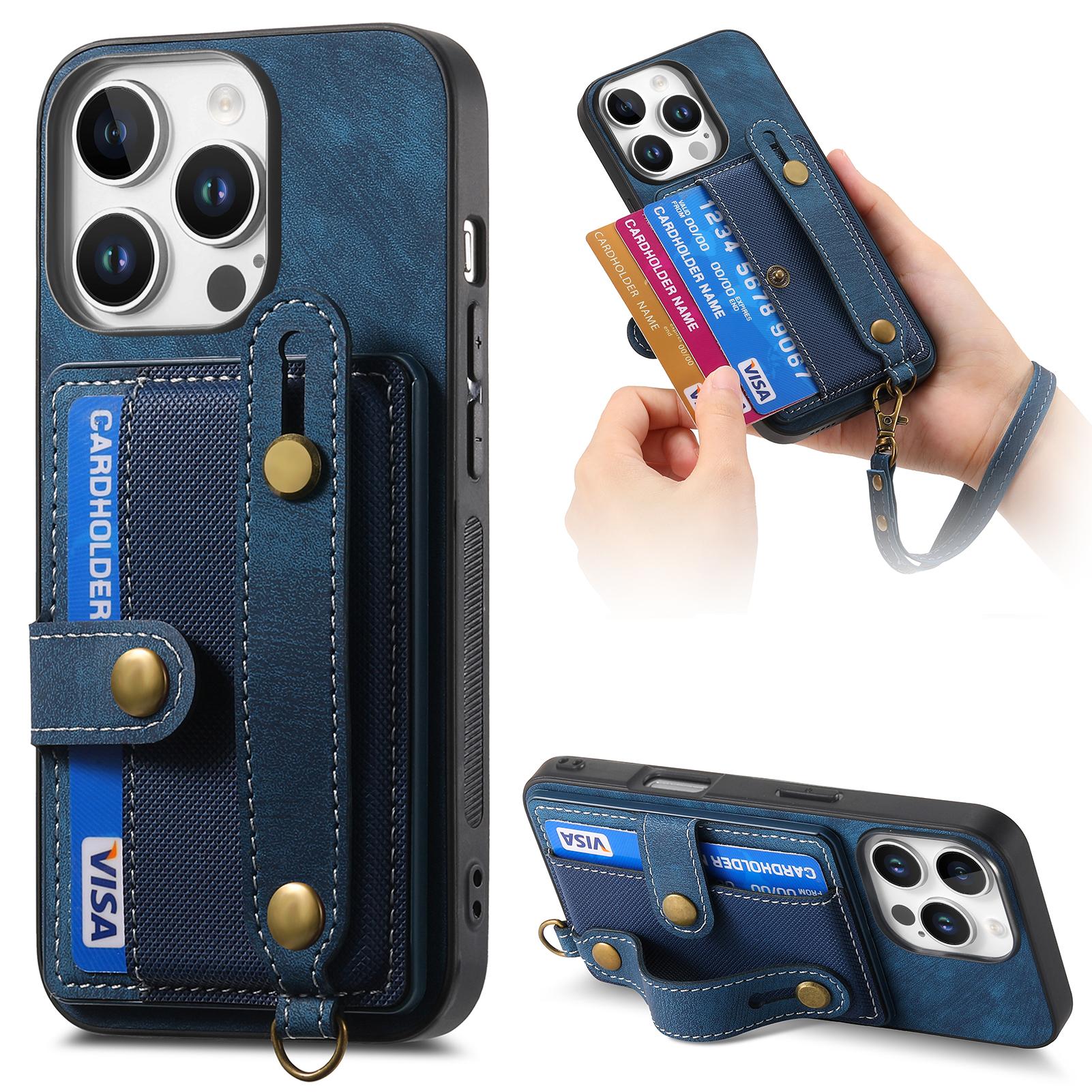 

For iPhone 16 Pro Case Wristband Kickstand PU Leather Retro Back Cover Card Holder Blue
