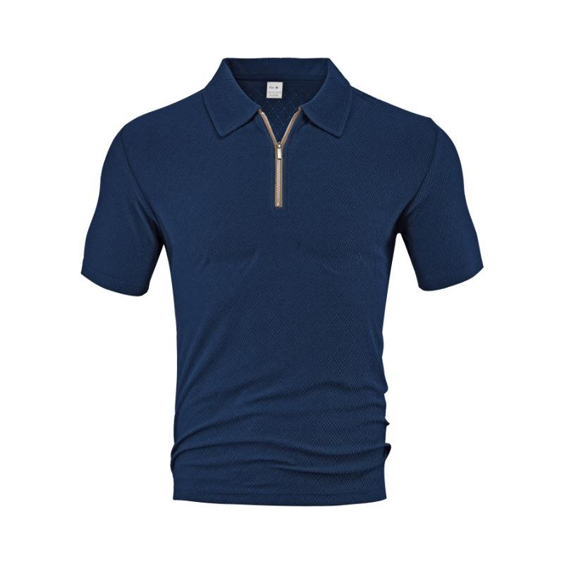 Men Short Sleeve Zip Polo Shirt Casual Jacquard T Shirt