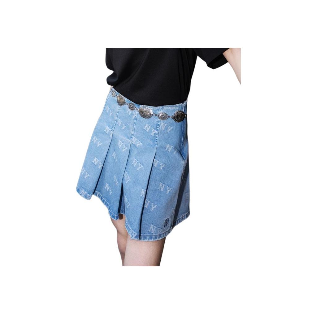 New MLB New York Yankees Old Flower Denim Short Skirts Women's Light Blue 3FDSM0153-50BLL