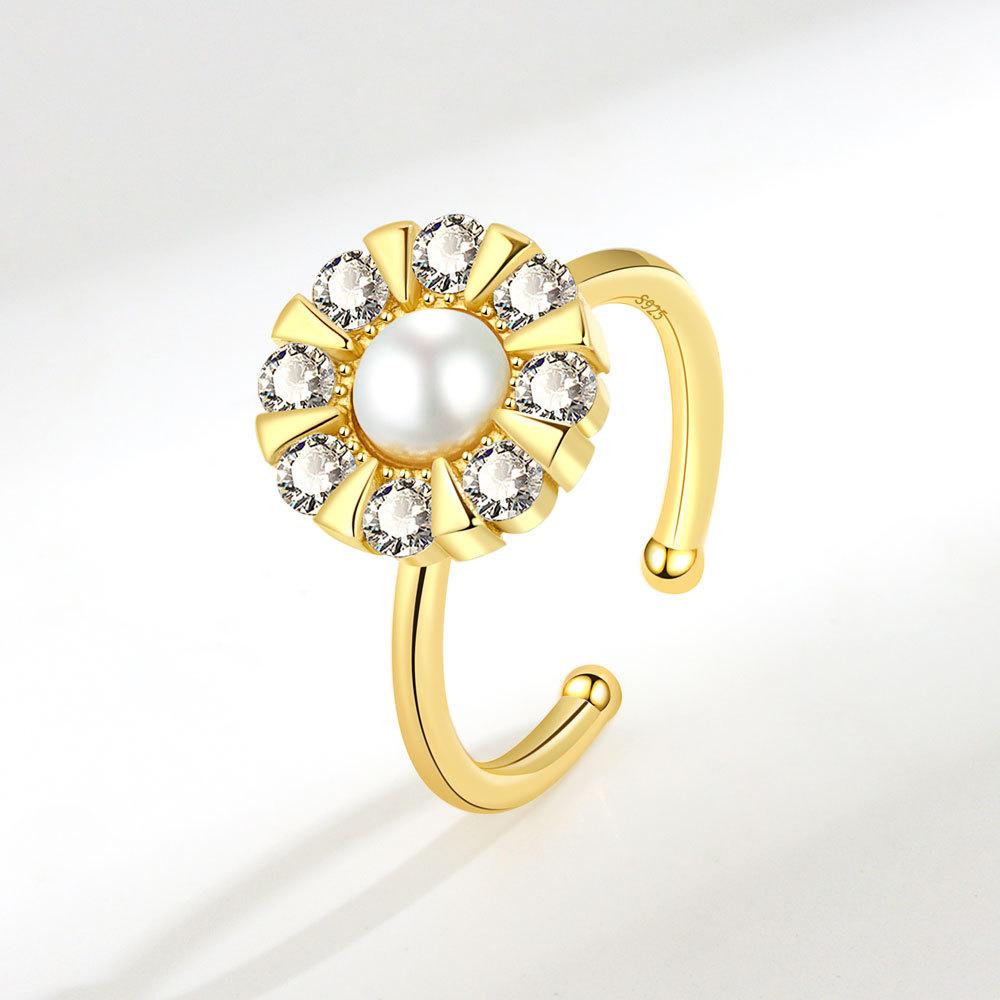 

Adjustable Sunflower Rotating girl anxiety ring Copper inlaid pearl rhinestone fidget spinner Wedding Aesthetic Ring Zircon resizable