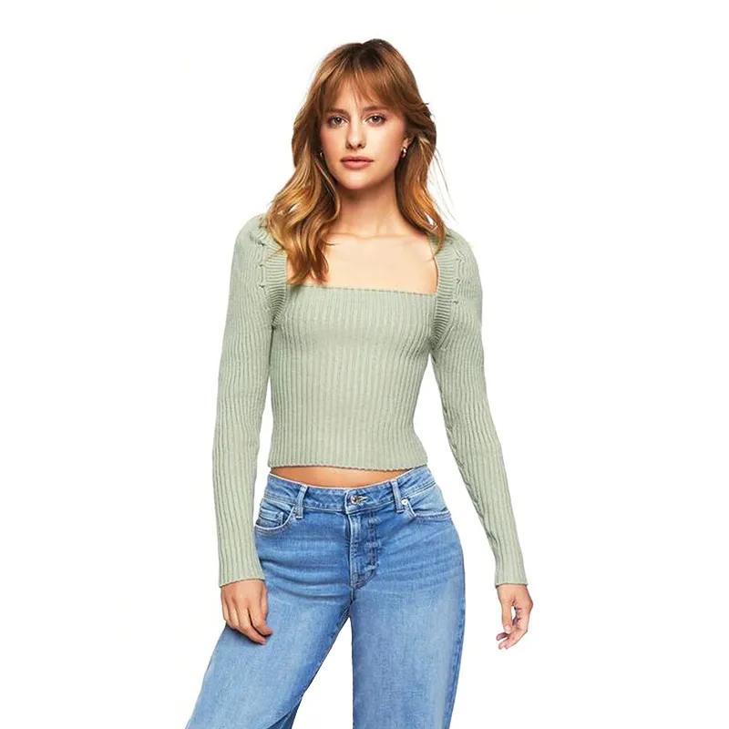 Vinter Slim-fit stickade tröjor Dam tröja bandage Fyrkantig krage tröjor Puffärm Snörning Sexig Crop Knitwear 29454