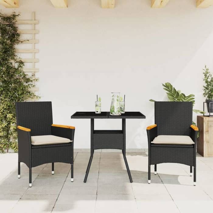 VidaXL Ensemble à manger de jardin et coussins 3 pcs noir rotin verre, ensemble de salle à manger d'extérieur, meuble de 3278703