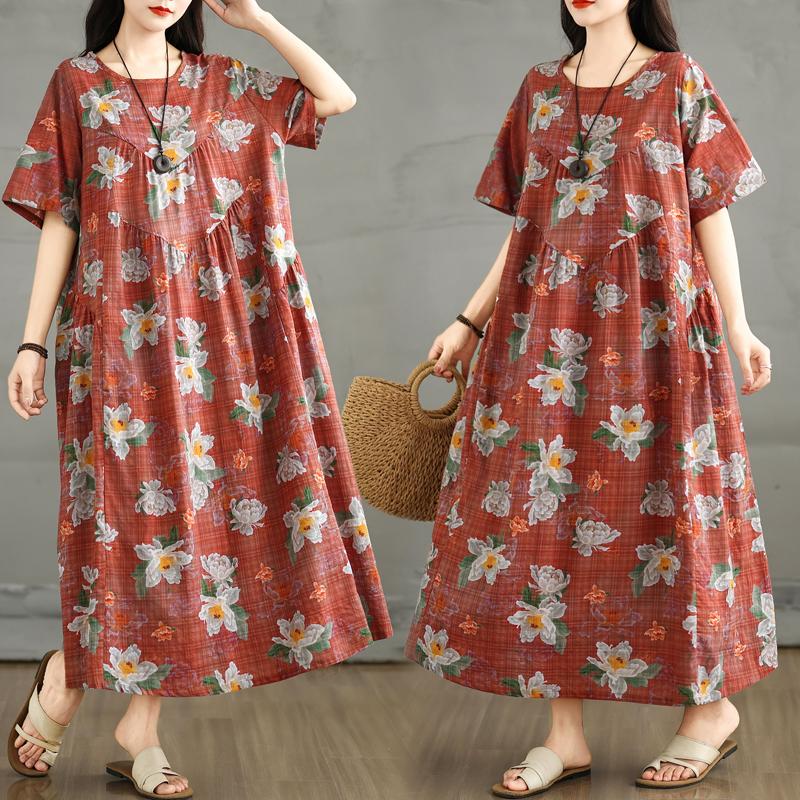 DIMANAF 2025 Plus Size Summer Dress Women New Floral Vintage Long Casual O-Neck Dress Loose Dress Maxi
