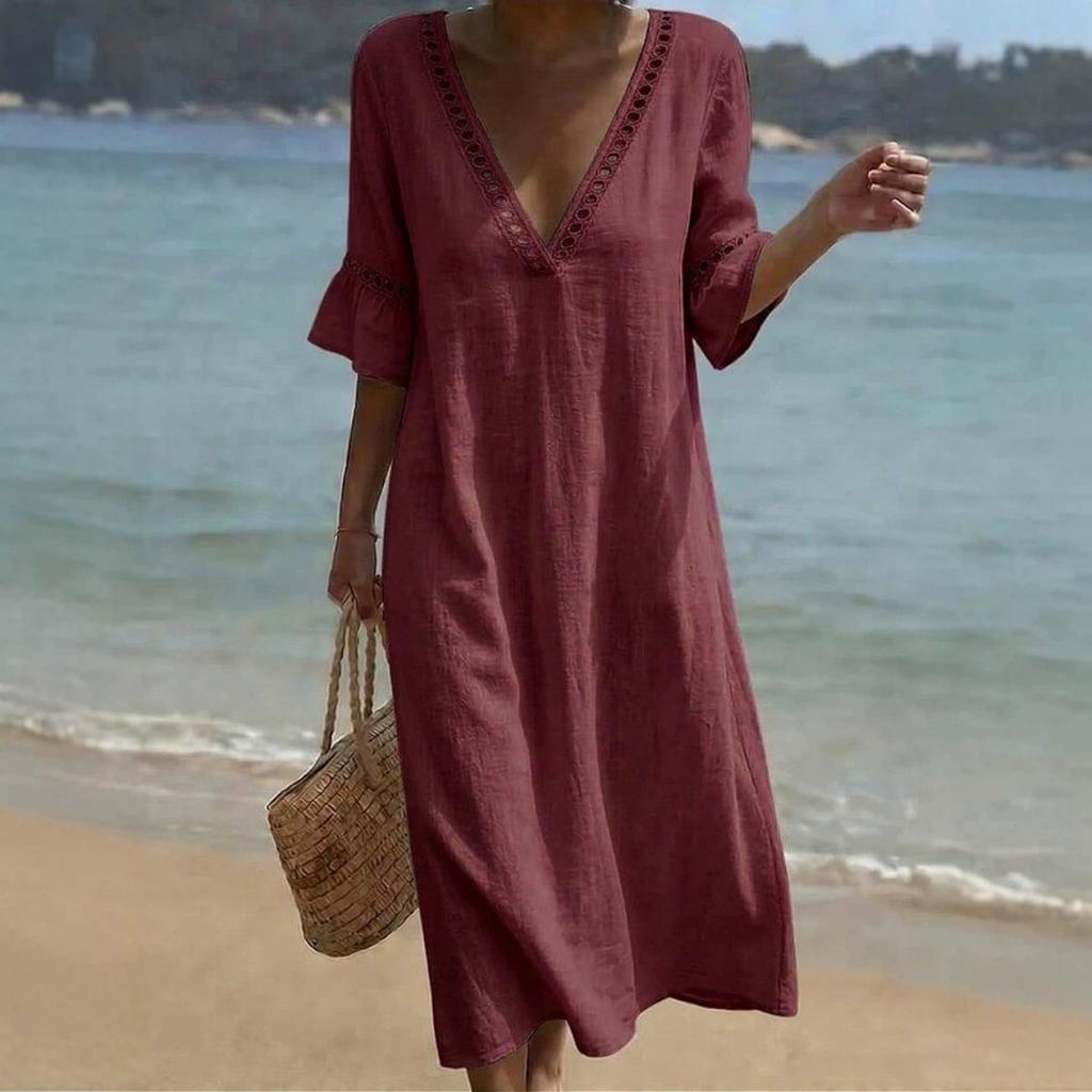 Spring Summer Women's Casual Loose Solid Color Cotton Lace V-neck Dress Leisure Trade