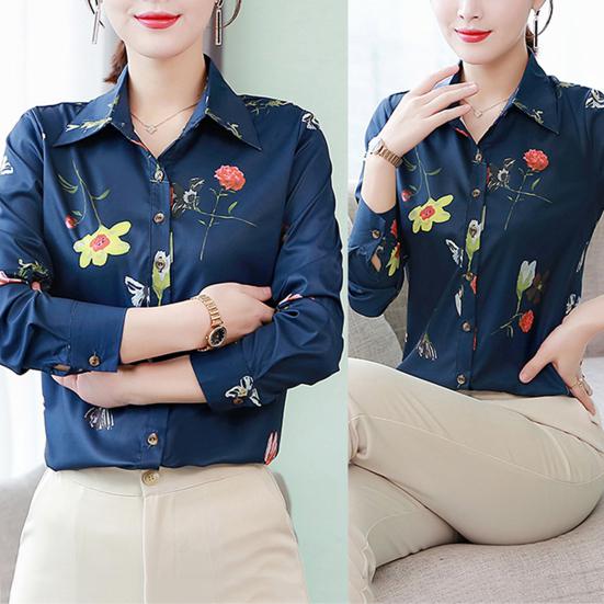 Slim Large Size Floral Fit Print Lapel Casual Button Long Sleeve Shirt Blouse