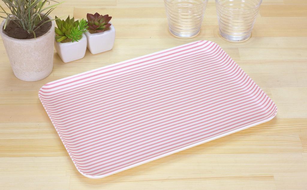 TATSU-CRAFT ST Tray, Medium, Striped, Pink, Dishwasher Safe, Stylish Plastic Tray, Square or Rectangular, Western or Japanese Style, Kitchen Tray,