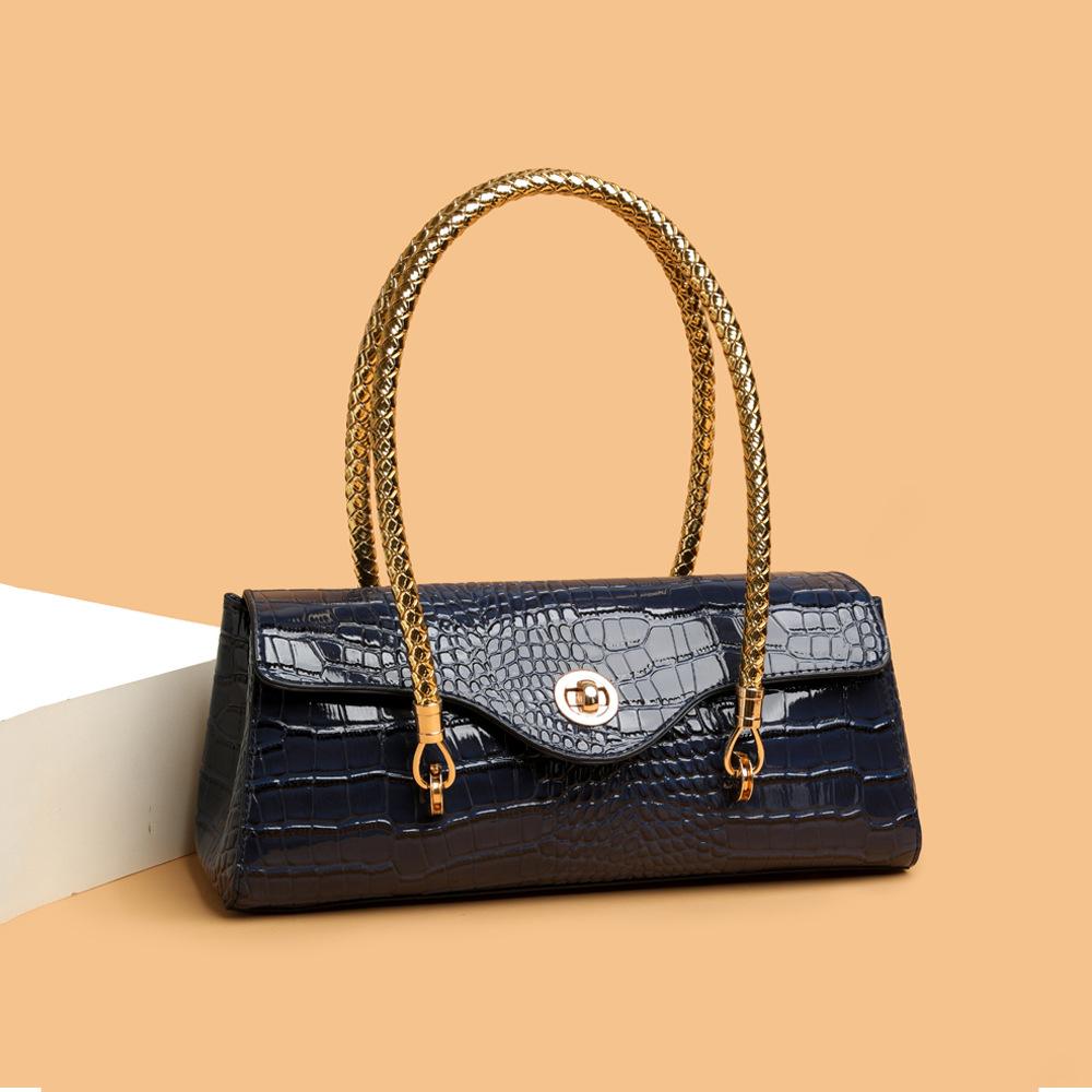 Women's Crocodile Pattern Handbag: Elegant PU Leather Top-Handle Satchel with Gold Chain Straps, Retro Shoulder Bag for Work & Commute