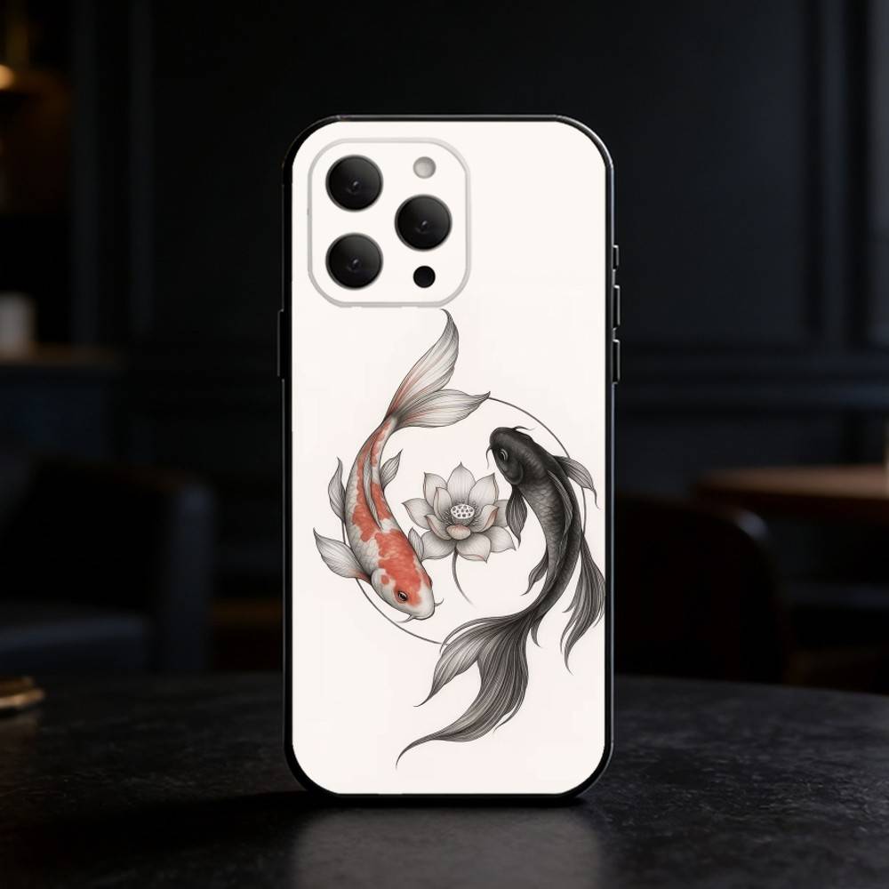 Koi Carp Fish Yin Yang Art Phone Case For iPhone 17,16,15,14,13,12,11 Plus,Pro,Max,Mini Silicone Black Soft Cover