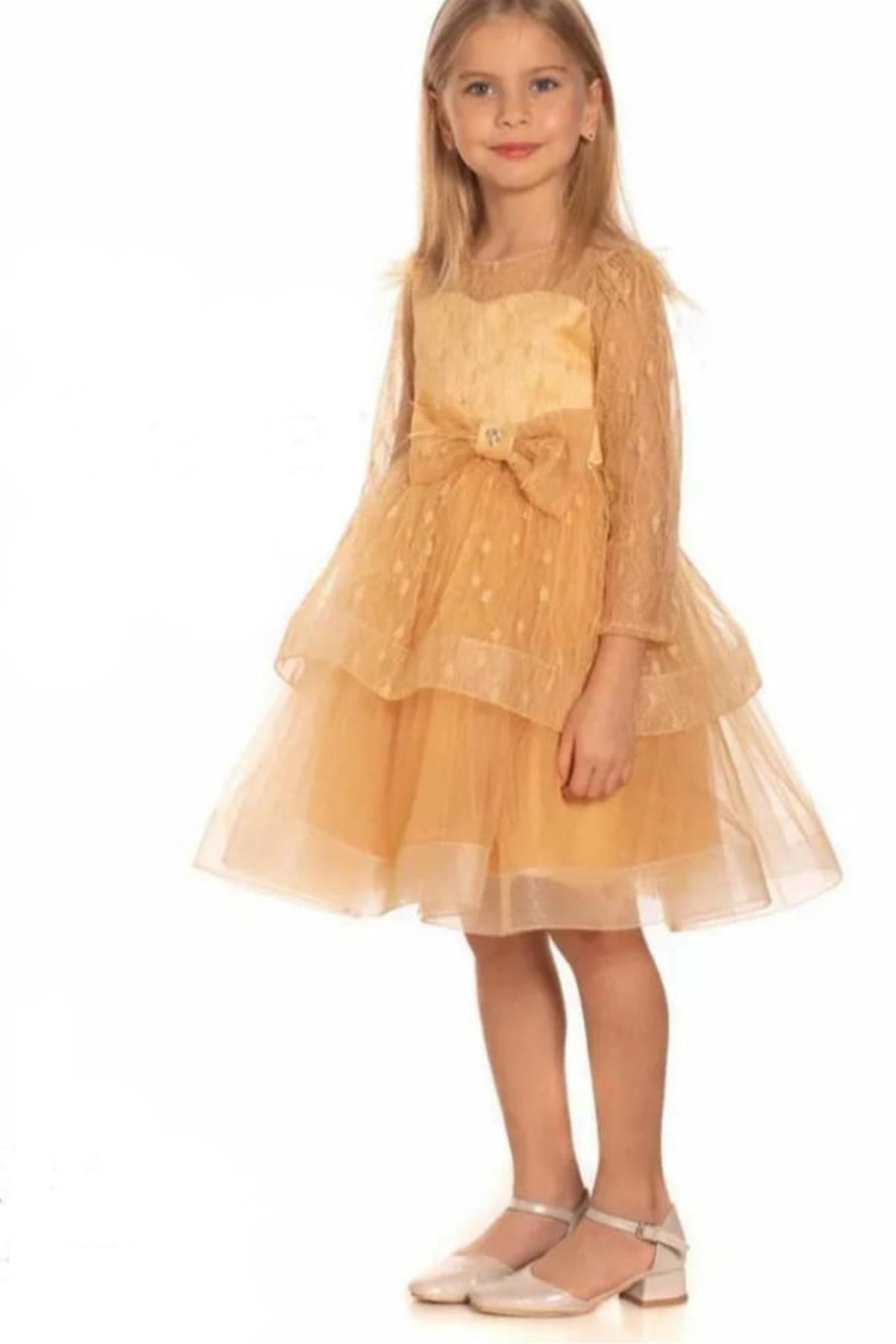 

Girl s Collar and Sleeves Transparent Shoulder Tulle Waist Stone Detailed Gold Evening Dress