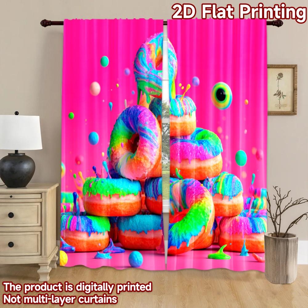 2D flat printing 2pcs Party Curtains Colorful Donuts Stack Digital Printed Polyester Drapes Seasonal Party & Holiday Decor for
