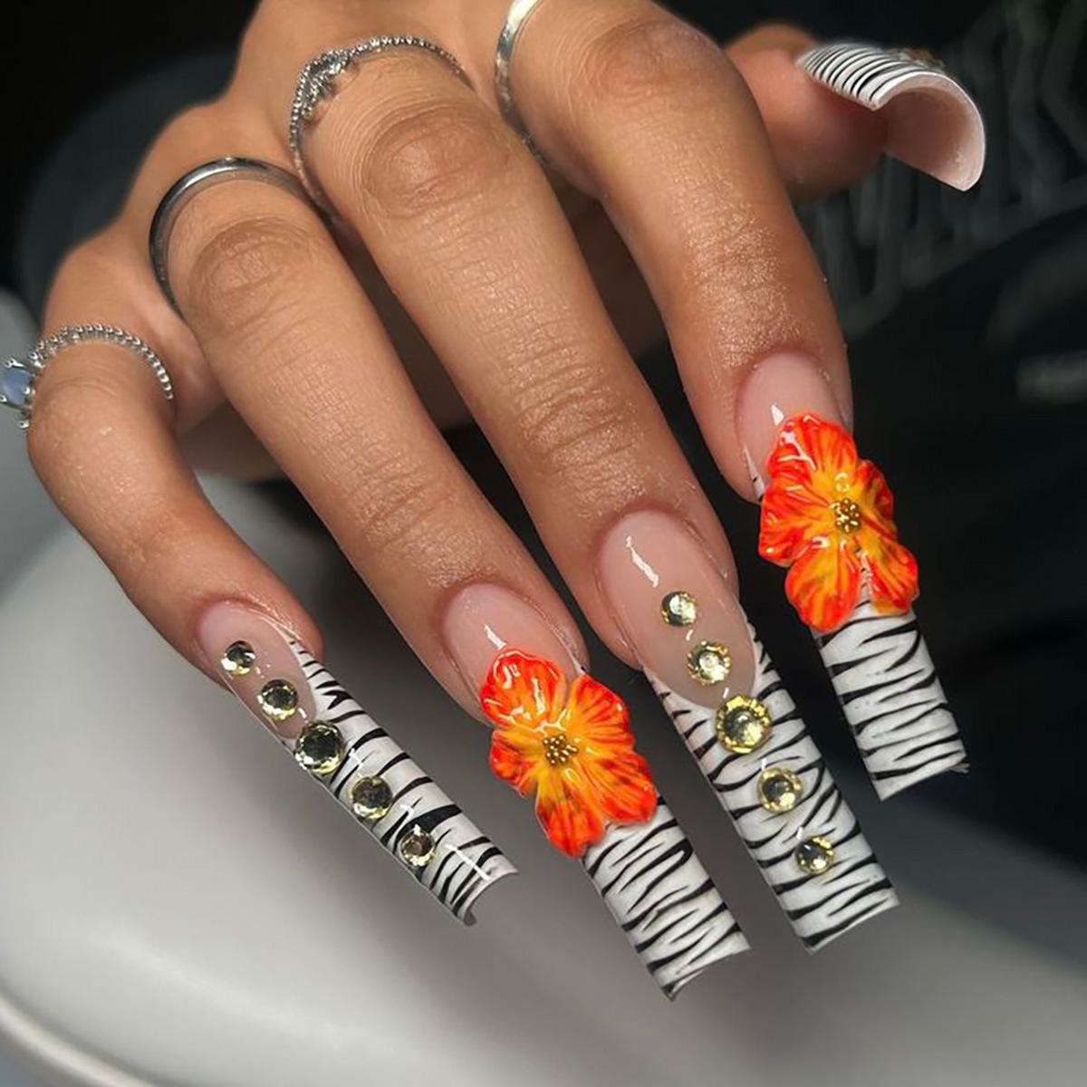 

24Pcs Extra Long Coffin Press On Nails, Nude with Zebra Print & 3D Orange Flower Rhinestone Fake Nails United States