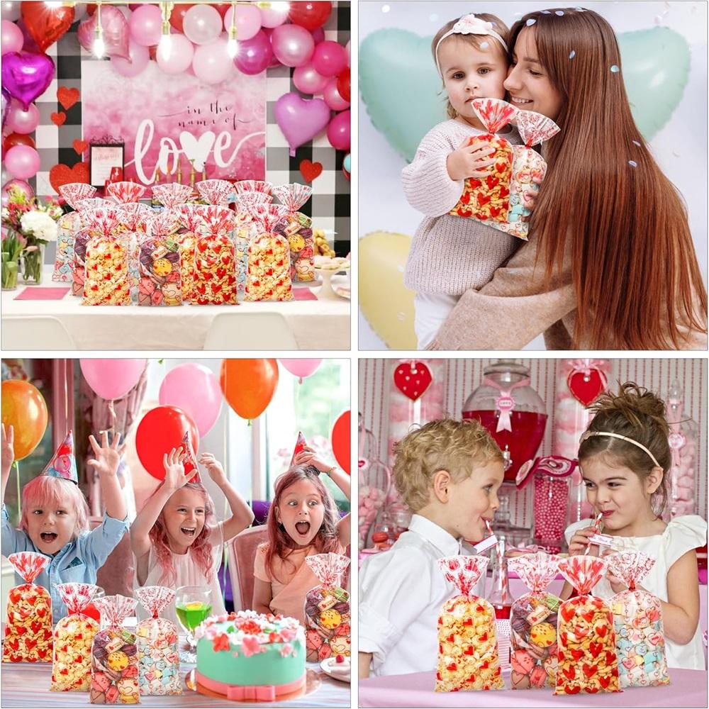 Valentine’s Day Cellophane Treat Bags, 100pcs Clear Goodie Bags With Twist Ties, Valentines Candy Gift Bags For Kids Party Favors (4 Styles)