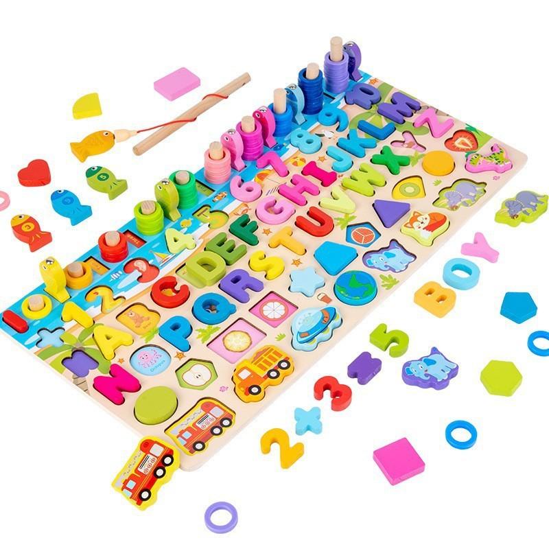 Wooden cartoon dinosaur fishing logarithmic board shape matching digital puzzle building block cognitive baby enlightenment toy