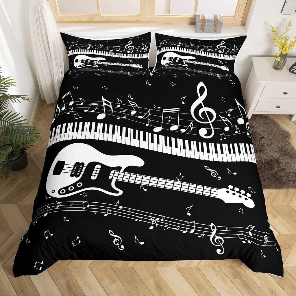 Guitar Duvet Cover Full Queen Tropical Blooming Floral Bedding Set For Kids Music Lover Musical Quilt Cover With 2 Pillowcases