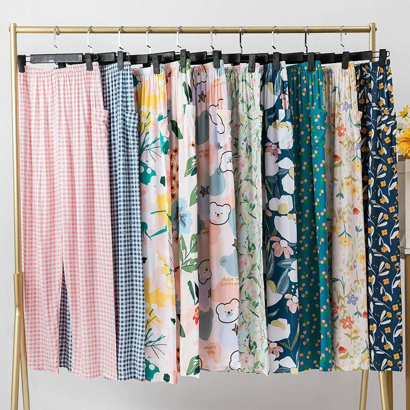 Pantaloni de pijama din bumbac mătase pentru femei, secțiune subțire de vară, anti-țânțari, pantaloni cu picior lat, culoare uni, pentru exterior, casă, petrecere a timpului liber, imprimeu, pantaloni de plajă până la genunchi