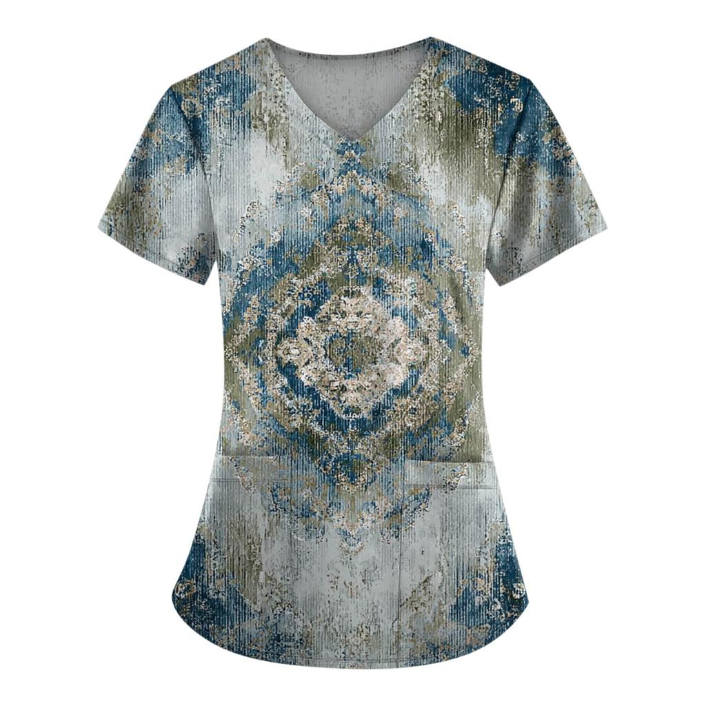 Plus Size Printed Scrub Working Uniform Tops For Women's V-Neck Print Short Sleeve Fun T-Shirts Workwear Tee With Pockets