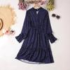 Women's New Waist Slimming Elegant Printed Long Sleeve Ruffled Chiffon Mid Length Dress