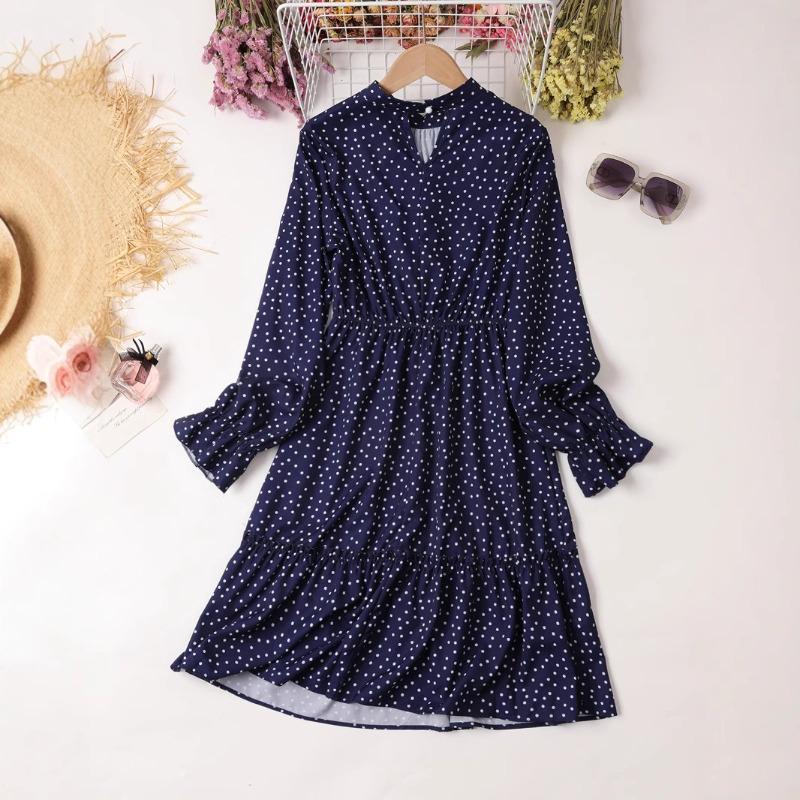 Women's New Waist Slimming Elegant Printed Long Sleeve Ruffled Chiffon Mid Length Dress