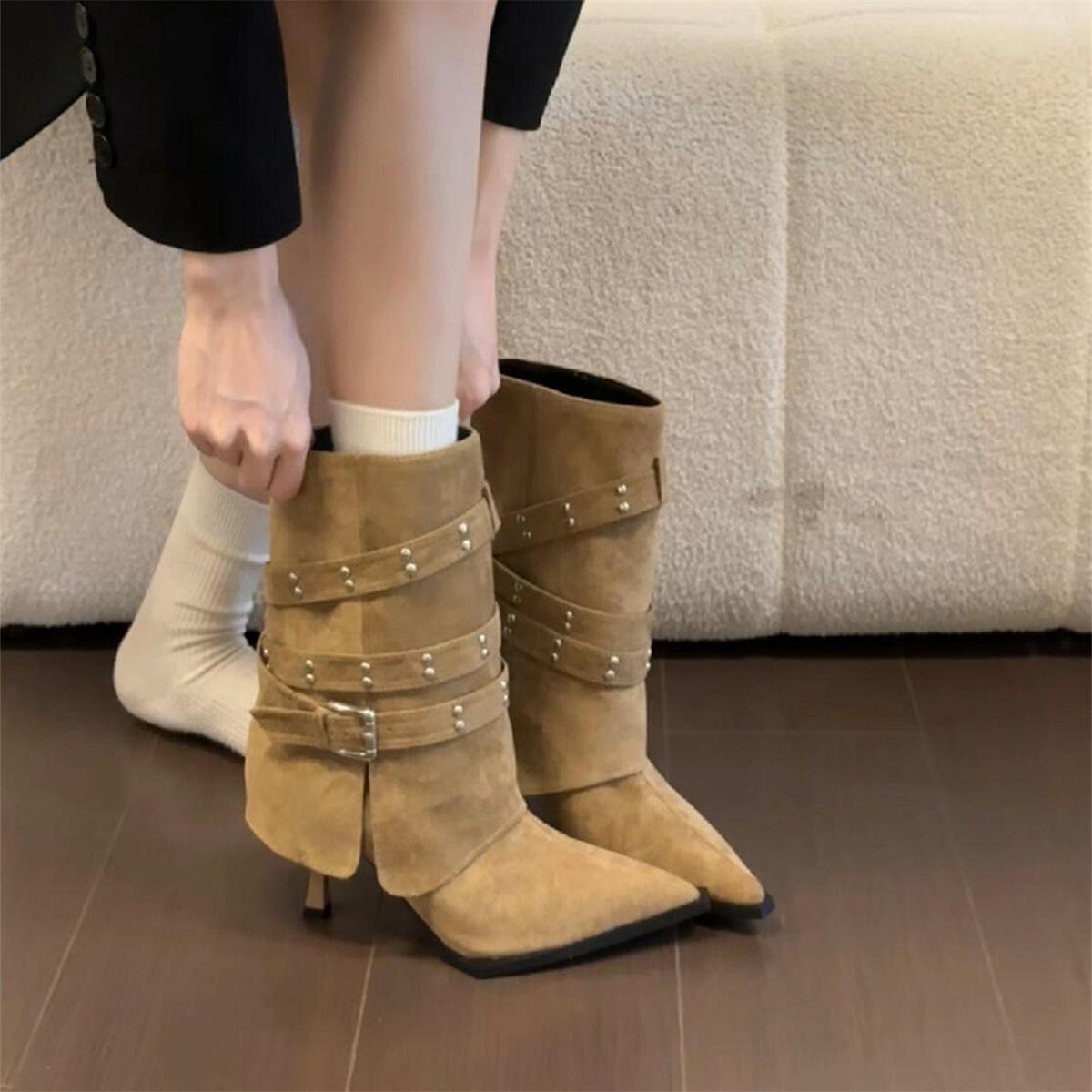 

Temperament Spice Girls High Heel Boots 2025 Autumn and Winter Pointed Thin Heel Delicate Short Boots Pant Pants Boots 42 хакі