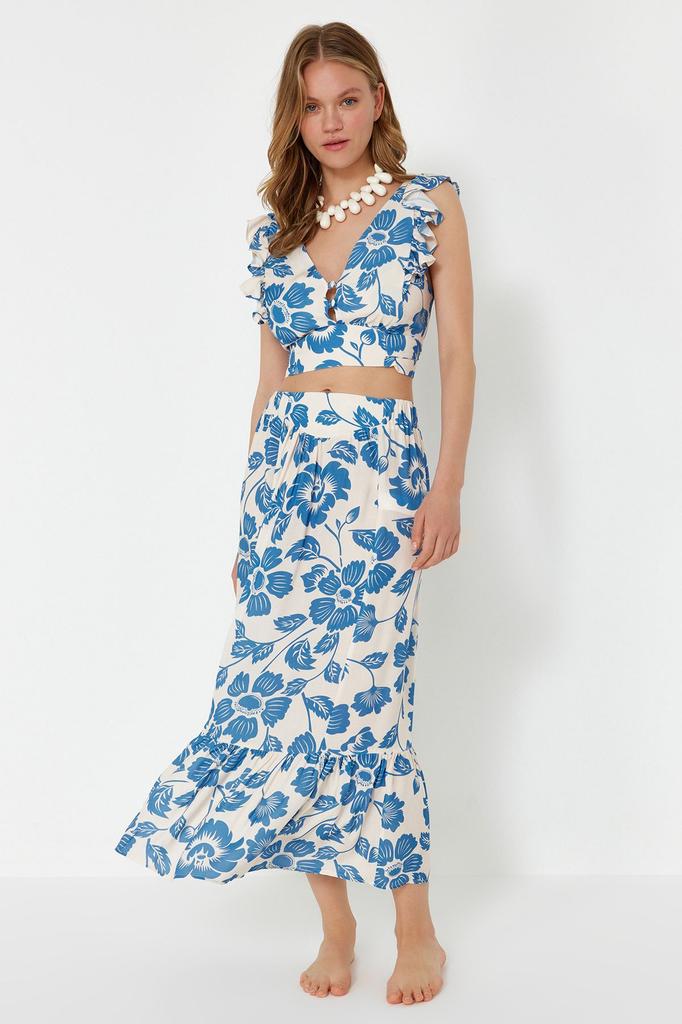 Women's Style Bottom-Top Set Clothes Floral Patterned Woven Flounce Blouse Skirt Set