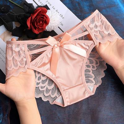Bowknot Hollow Lace Panties for Women Satin Pure Cotton Crotch Breathable Sexy Mid-waist Women Briefs Underwear Knickers