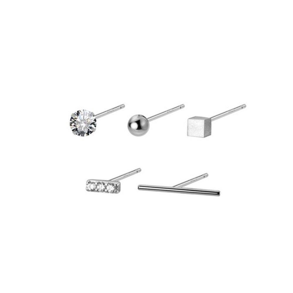 Hermosa:J E067 925 Silver Earrings, 5-Piece Set, Daily Cubic Mini Earrings