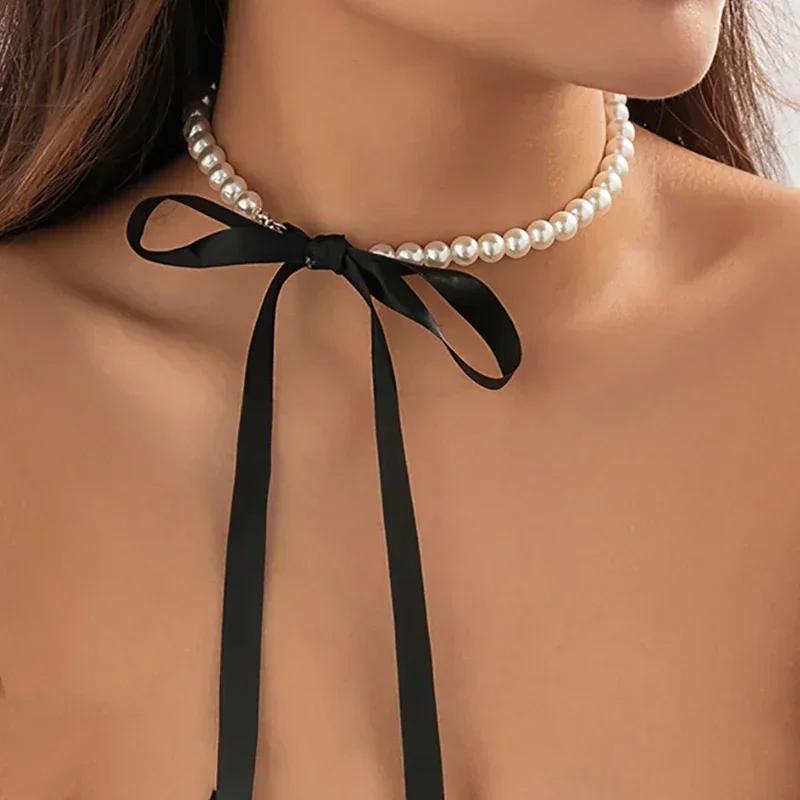 Women Elegant Black Velvet Ribbon Bowknot Choker Necklace Imitation-Pearl Clavicle Chain  Accessories for Women Birthday Gifts