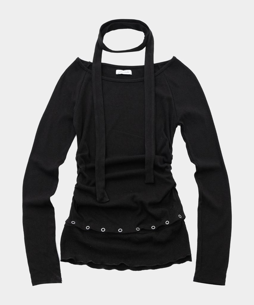 PLACE STUDIO Boat U-Neck Detachable Eyelet Contrast Scarf Set Long Sleeve T-Shirt _3 Colors