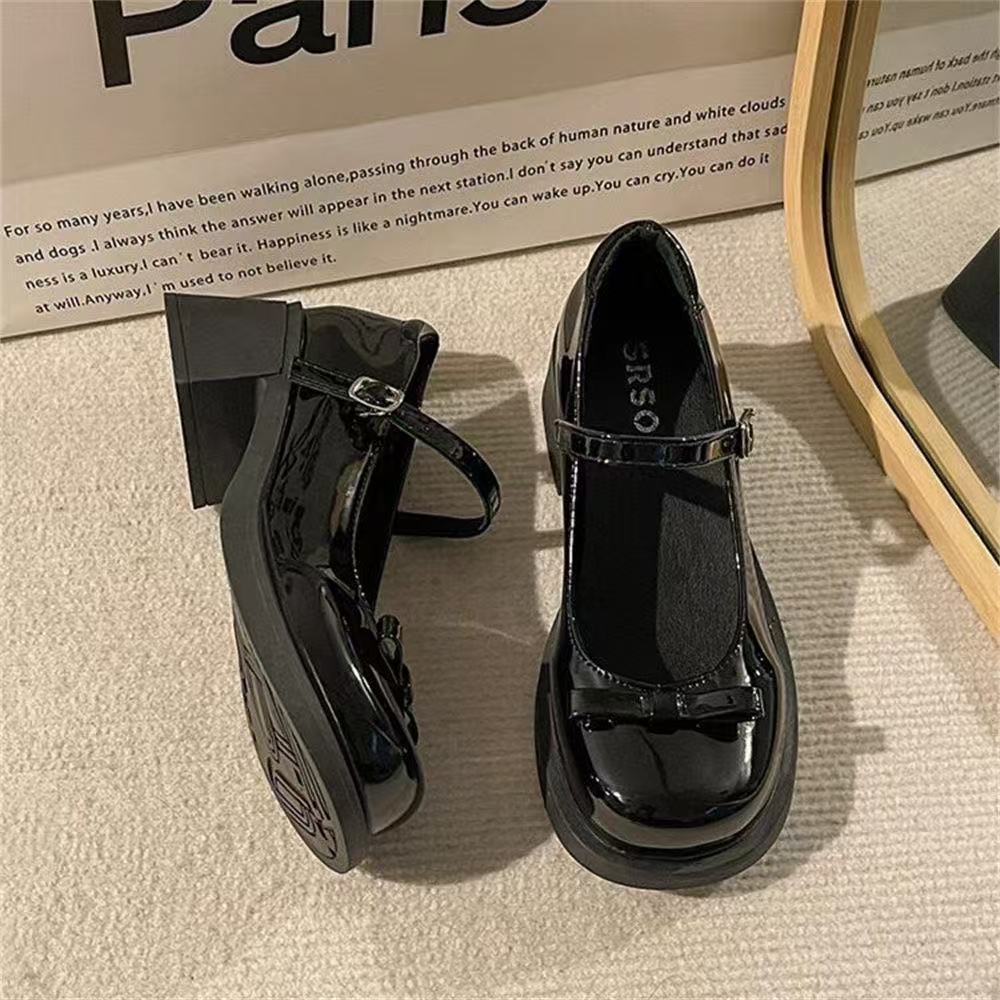 French Mary Jane Shoes Light Mouth Single Shoes Spring Retro College Style Thick Heel Bow Round Head JK Small Leather Shoes