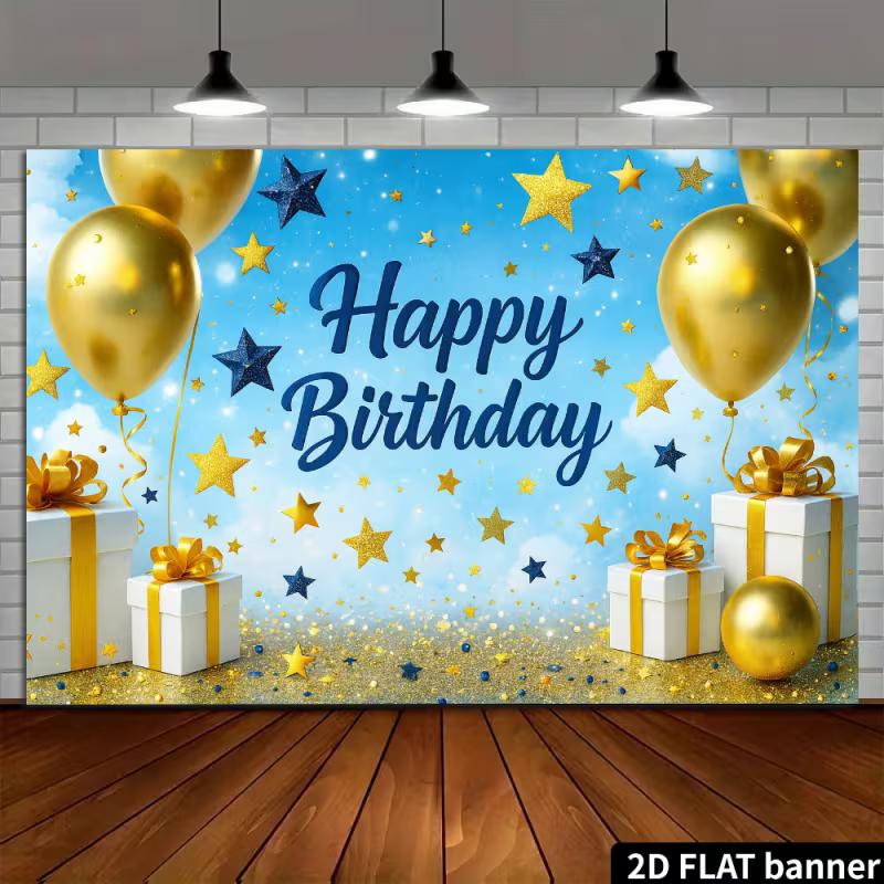 Jungen Blau Gold Geburtstag Wandteppich, "Happy Birthday" mit Sternen Glitzer und Ballons für Fotokabine
