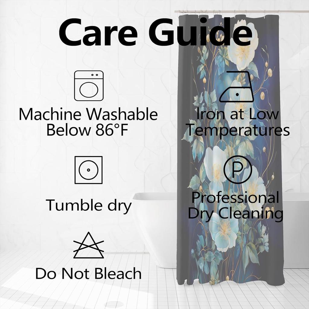 Flowers Shower Curtain for Bathroom White Teal Blue Floral Leaves Shower Curtain Set with Hooks Abstract Black Bathtub Decor Waterproof Fabric