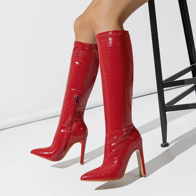 New Thick Heel Middle Tube Elastic Boots for Women with Inner Zipper Diamond Irregular Fashion Stone Pattern Pointed Boots