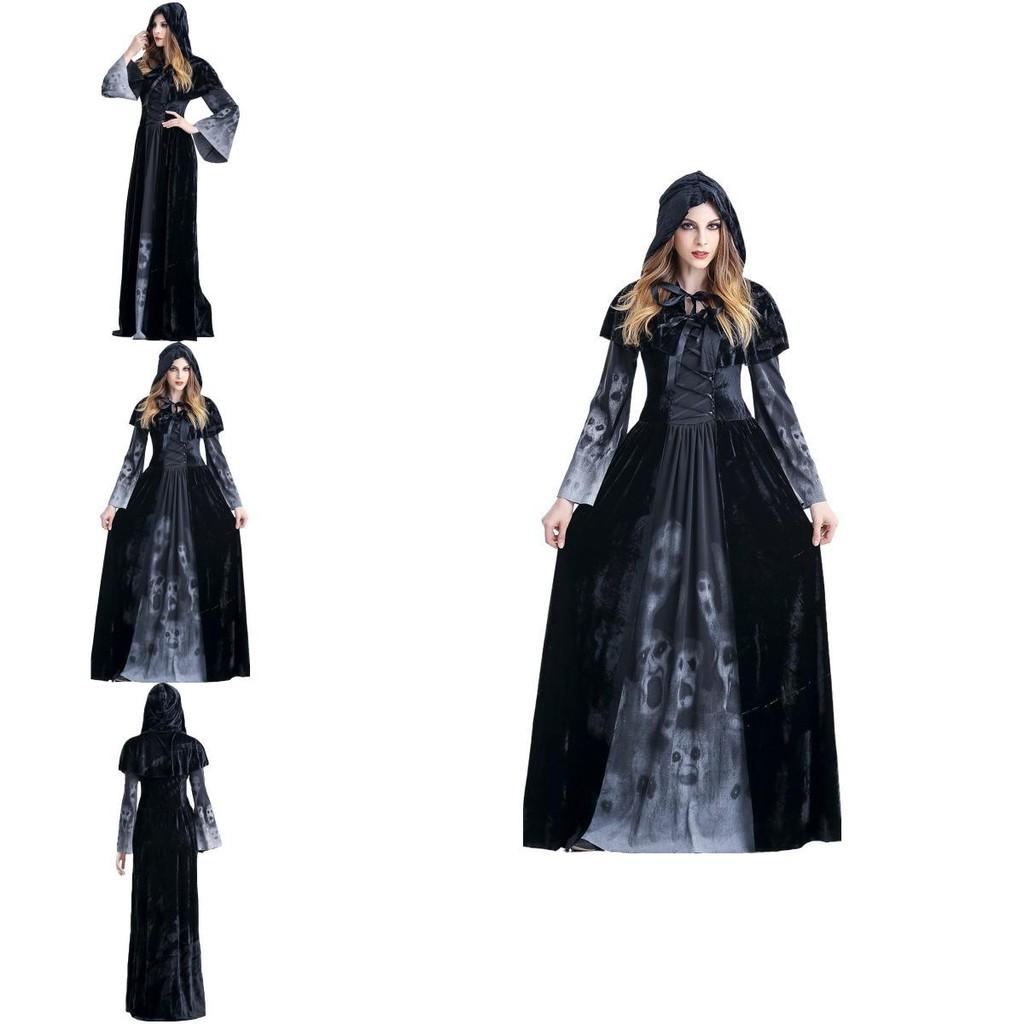Halloween Cosplay Dress For Women With Skeleton Print Polyester Fantasy Evil Witch Vampire Dead Soul Costume For Role Play