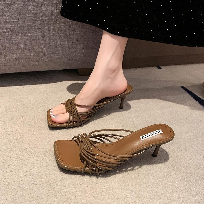 New square head crossed thin strap high heel cool slippers femininity thin heel open toe slippers outer wear