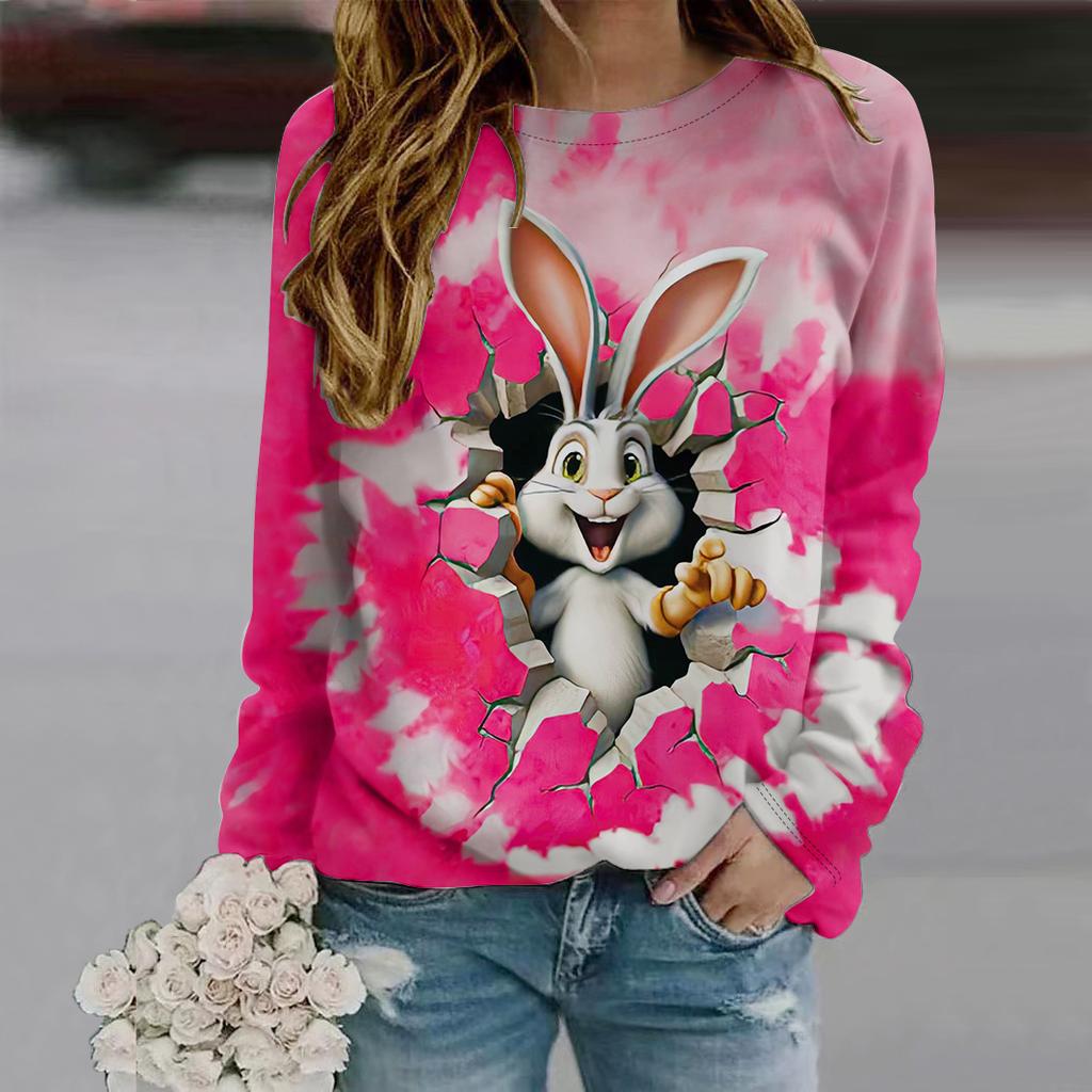 Fall Autumn Women'S Fashion O Neck Long Sleeve T-Shirt Loose Clothes Rabbit Print T Shirt
