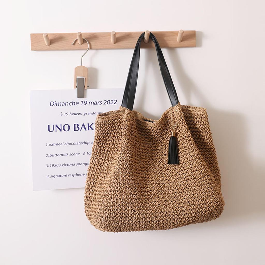 WISHOW Women's Straw Tote Bag with Tassel, Large Capacity, Perfect for Commuting, Beaches, and Resorts (Brown)