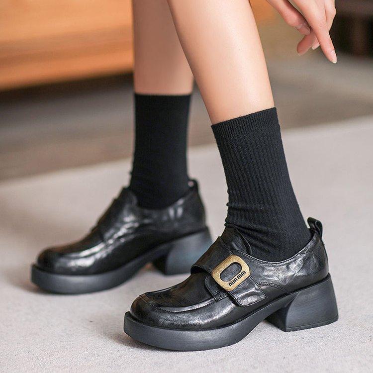 

2024 autumn and winter loafers women s Korean version of thick-soled heightening Velcro small leather shoes women s buckle casual small single shoes w 35 чёрный