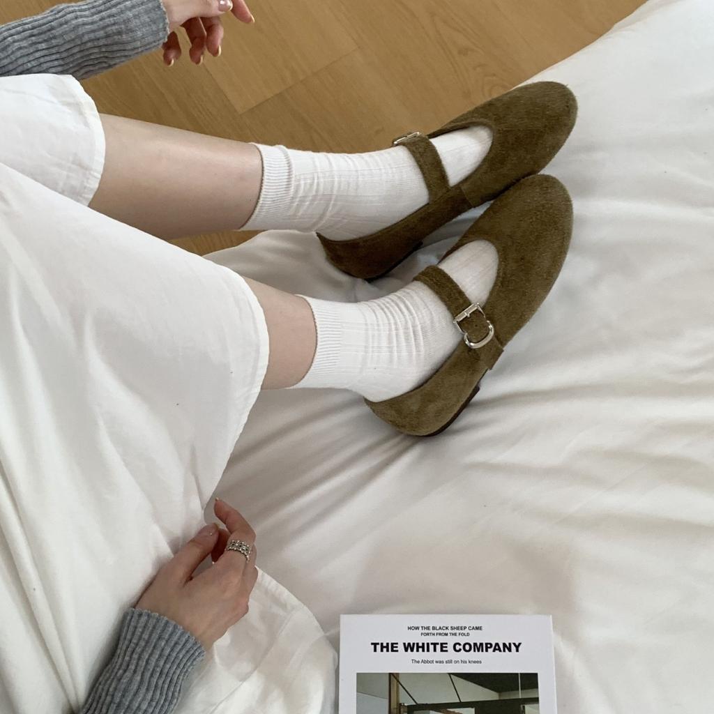 THEBULAGE Korean Version of Round Head Shallow Mouth Single Shoes 2025 Autumn One-word Buckle with Mary Jane Flat Shoes