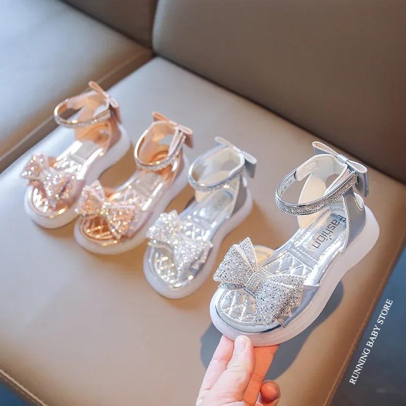 Girls Princess Sandals Summer Baby Sparkly Rhinestones Bow Shoes Fashion Non-slip Flat Children's Sandals Boots