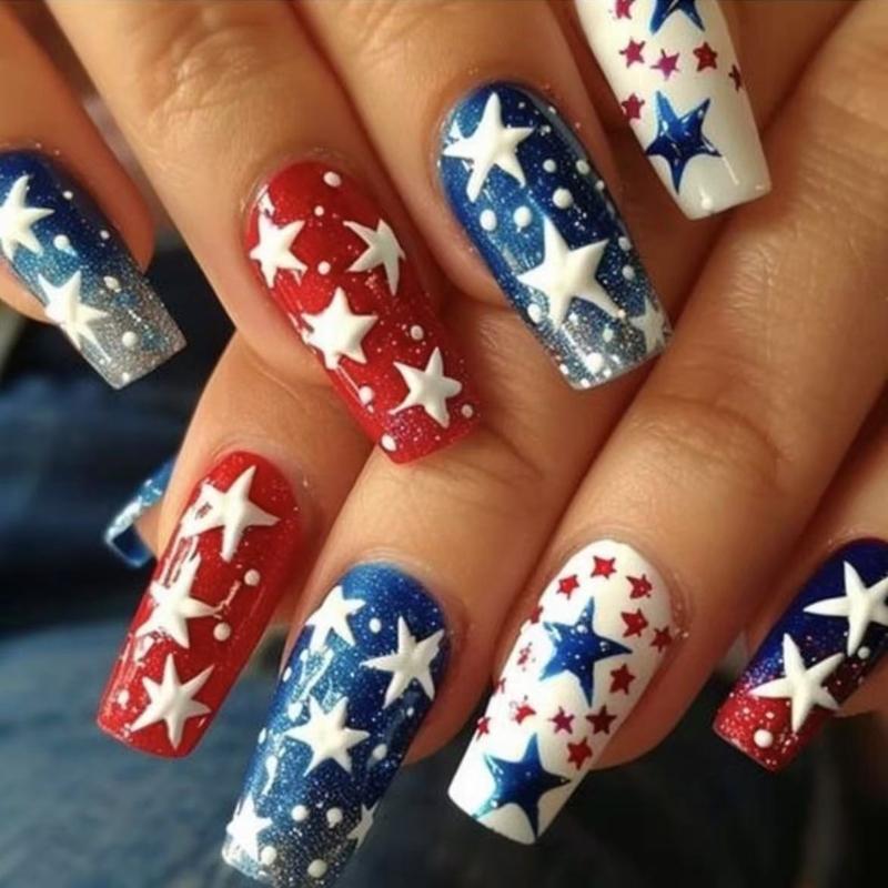 

4th of July Glues on Nail Long Coffin Fake Nail Independence Day French Tip Press on Nail Artificial Acrylic Nail 1