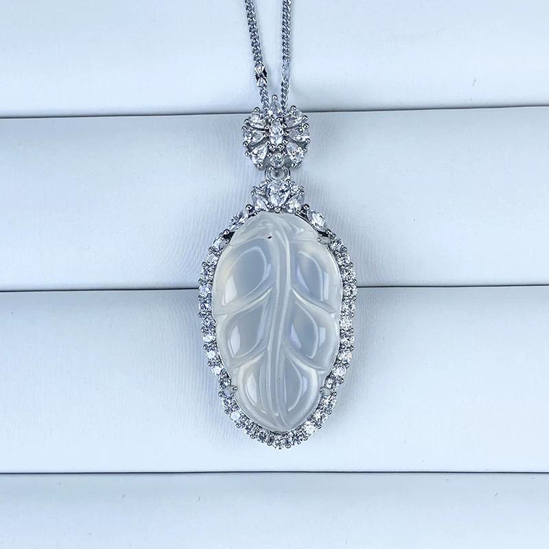 Natural Ice Chalcedony Pendant Women's Jadeite Inlaid Gemstone Transparent White Jade Pendant Agate Necklace Hanging Pendant