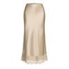 Women's Midi Skirt with Lace Hem Beige Straight Cut Satin Feel Casual Skirt